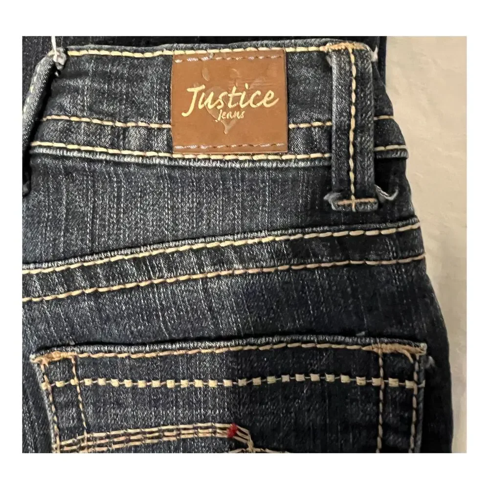 Justice Girls Jeans Size 8S Dark Wash Cuffed Hem Pockets Snap Close Lose Kids